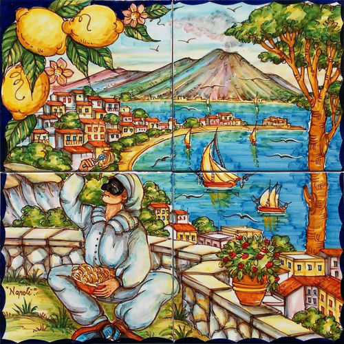 Pannello Murale Artistico Golfo di Napoli e Pulcinella 40x40 cm