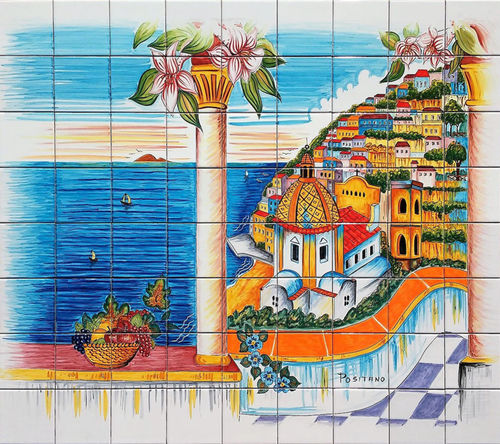 Pannello Mosaico Vietri con Veduta di Positano 90x80 cm