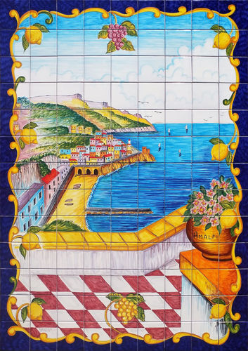 Pannello Mosaico Barocco con Veduta di Amalfi 90x130 cm