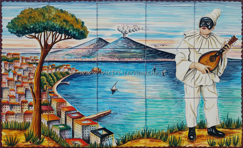 Pannello Murale Napoli Pulcinella con Mandolino 100x60 cm