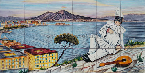 Pannello Murale Paraschizzi in Ceramica Napoli e Pulcinella 120x60 cm