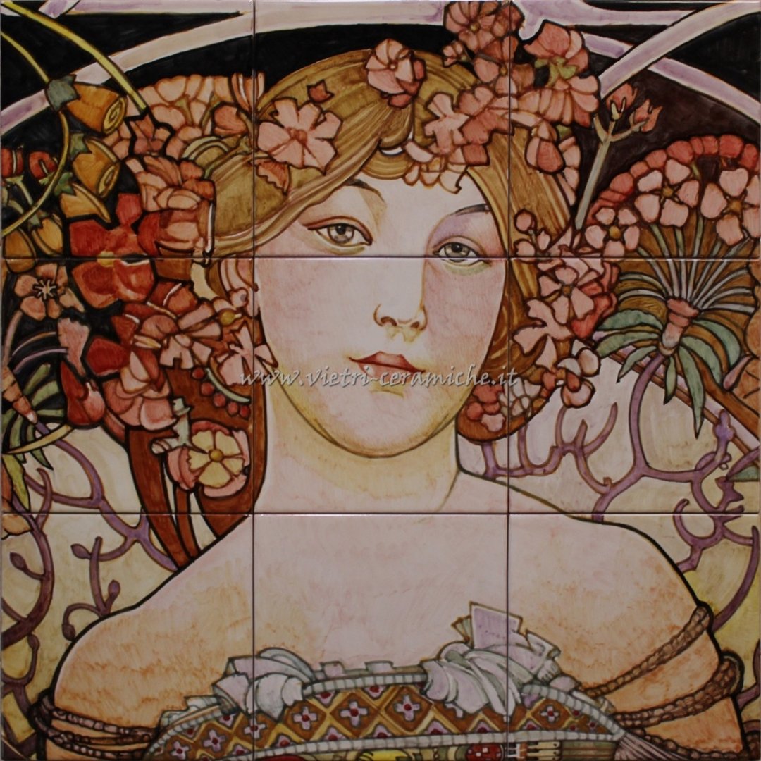 Pannello Artistico Art Nouveau in Ceramica 60x60 cm - Reverie di Alphonse Mucha