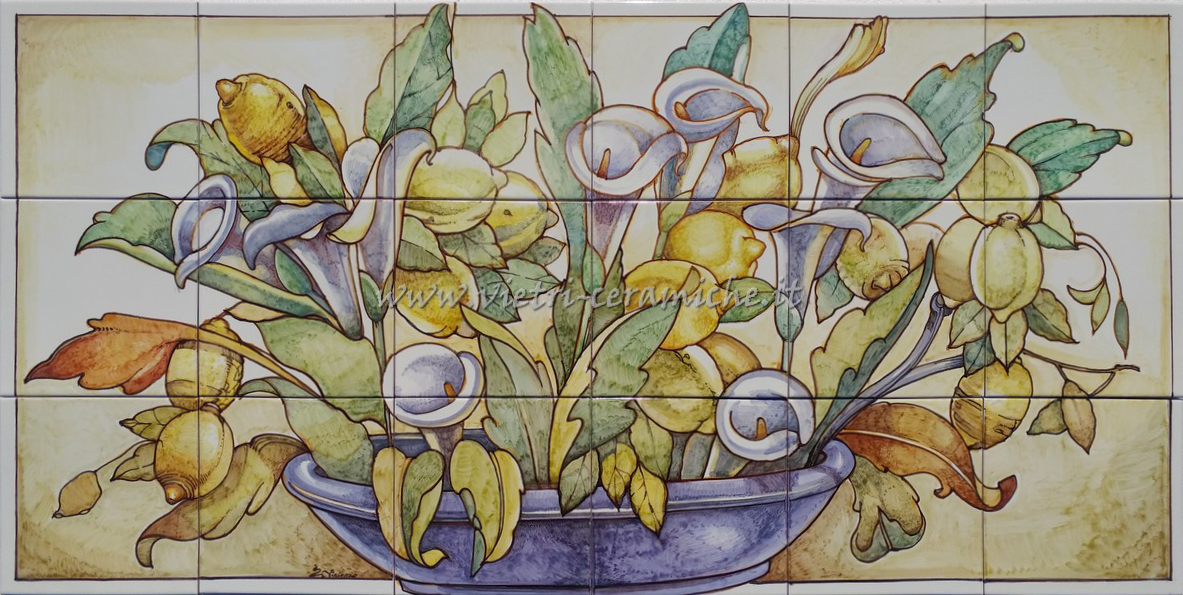 Pannello Artistico in Ceramica di Vietri 120x60 cm - Vaso con le Calle