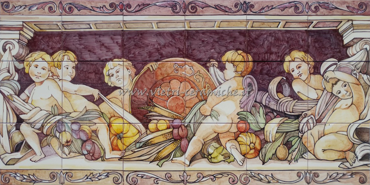 Pannello Artistico in Ceramica di Vietri 120x60 cm - Banchetto dei Puttini