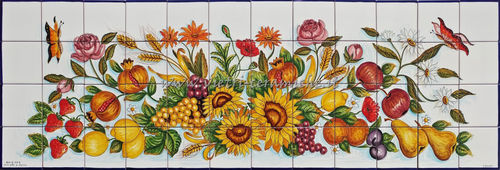 Pannello Ceramica Murale Paraschizzi Girasole Fiori e Frutta 120x40 cm