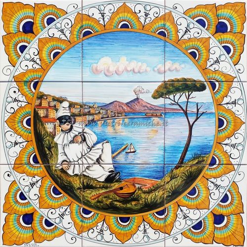 Pannello Murale Quadrato in Ceramica Veduta di Napoli e Pulcinella 60x60 cm