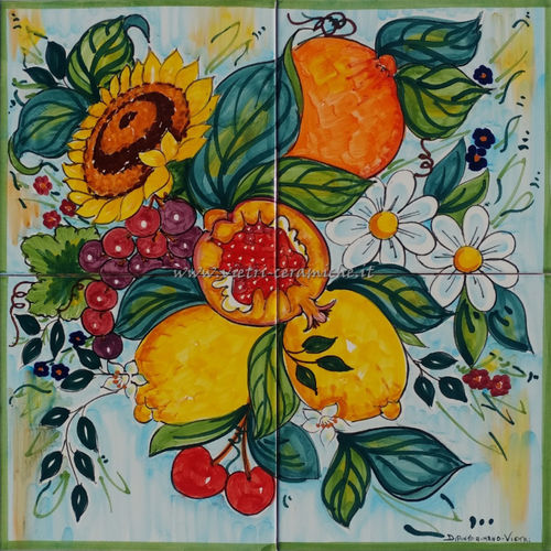 Pannello Murale in Ceramica di Vietri Fiori Frutta e Girasole 40x40 cm
