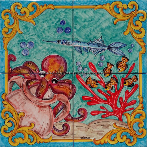 Pannello in Ceramica di Vietri Barocco con Polpo e Corallo 40x40 cm