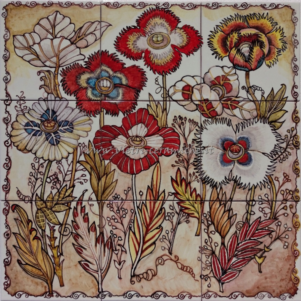 Pannello Artistico Decorativo in Ceramica Liberty con Fiori di Campo 60x60 cm