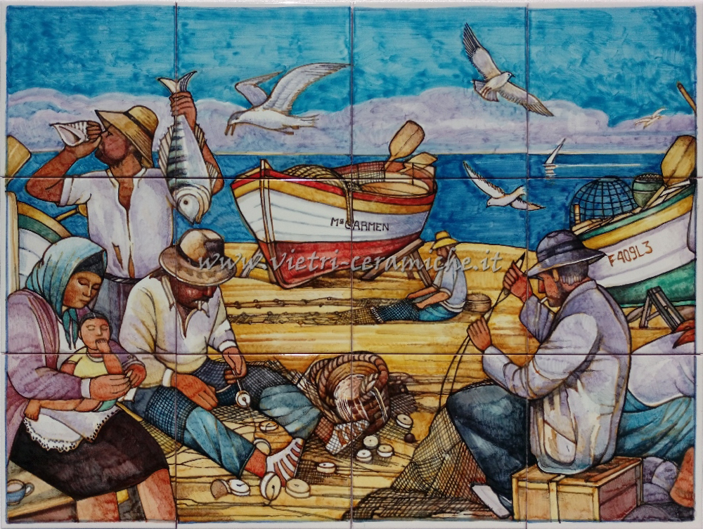 Pannello in Ceramiche di Vietri I Pescatori di Mergellina 80x60 cm