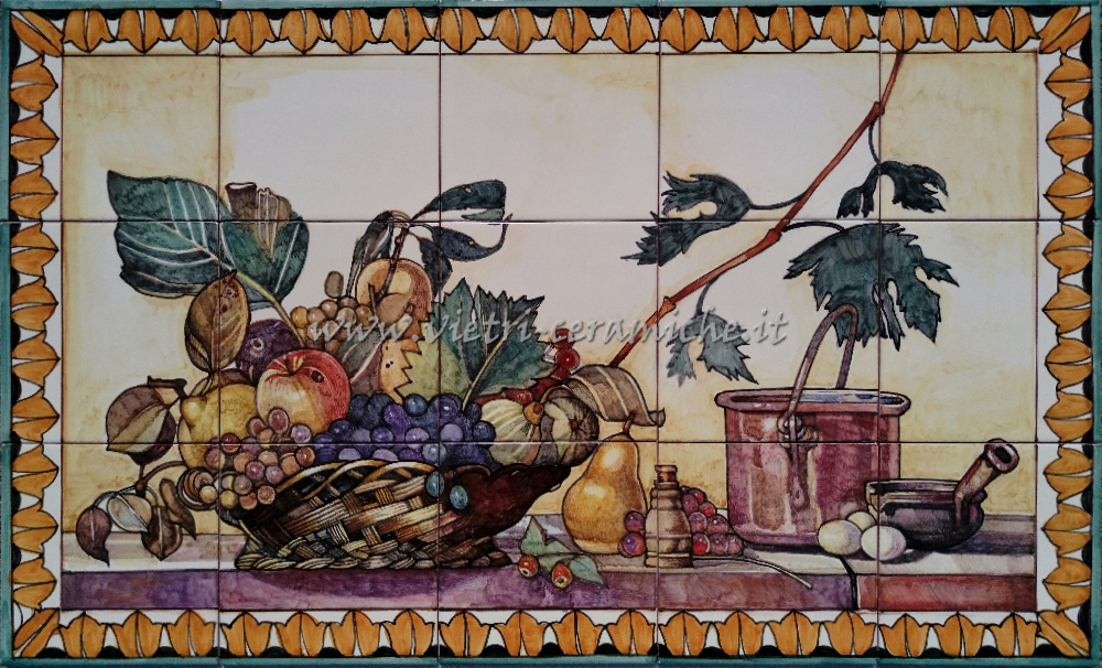 Pannello Ceramiche di Vietri Cesta con Mele Uva e Fichi 100x60 cm