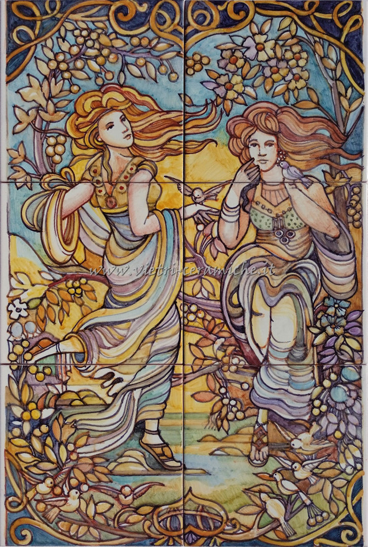 Pannello Artistico in Ceramica Capoletto Donne Art Nouveau 40x60 cm