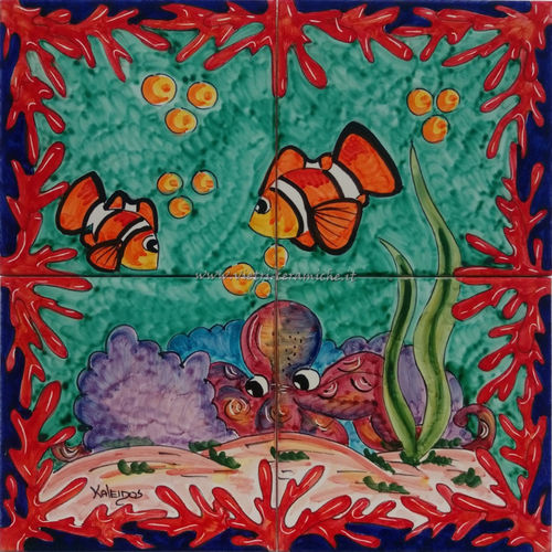 Pannello in Ceramica di Vietri Coralli Rossi e Pesci Pagliaccio 40x40 cm
