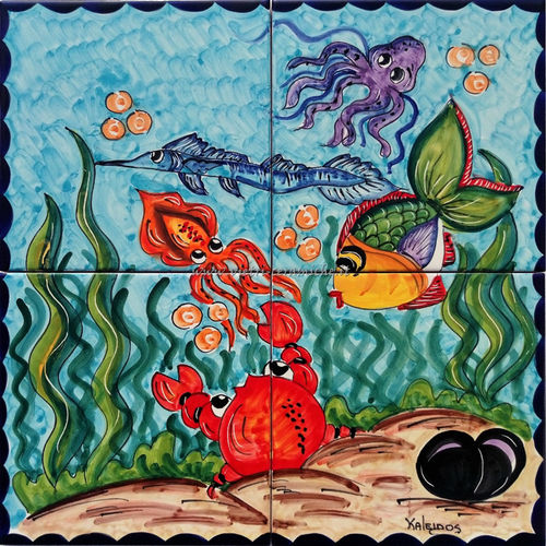 Pannello in Ceramica di Vietri Granchio Seppia e Pesce 40x40 cm