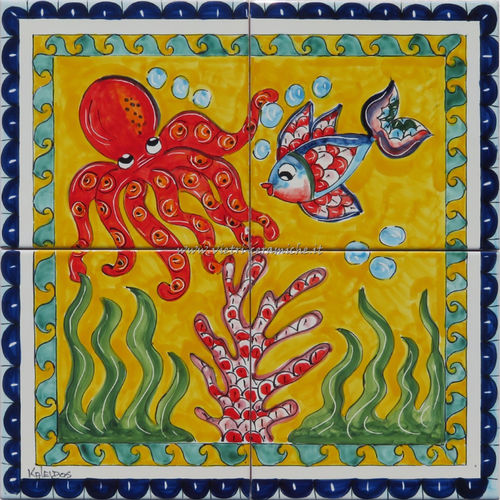 Pannello in Ceramica di Vietri Fondale Marino Colorato 40x40 cm
