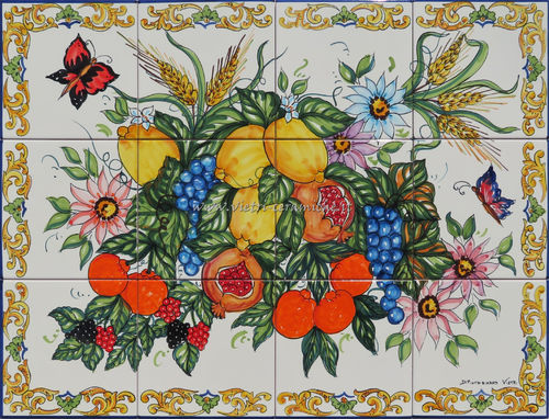 Pannello in Ceramica Vietrese Frutta e Fiori Barocco 80x60 cm