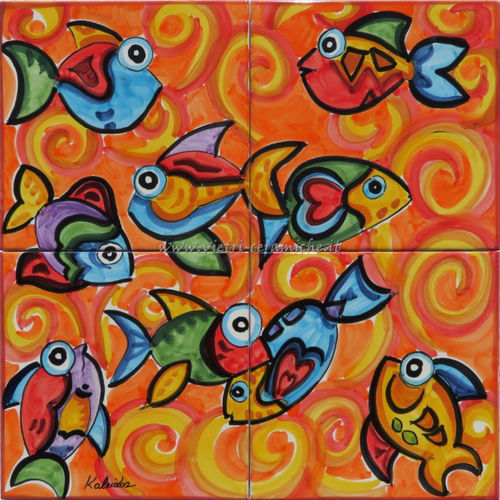 Pannello in Ceramica di Vietri Pesci Piranha Arancio 40x40 cm