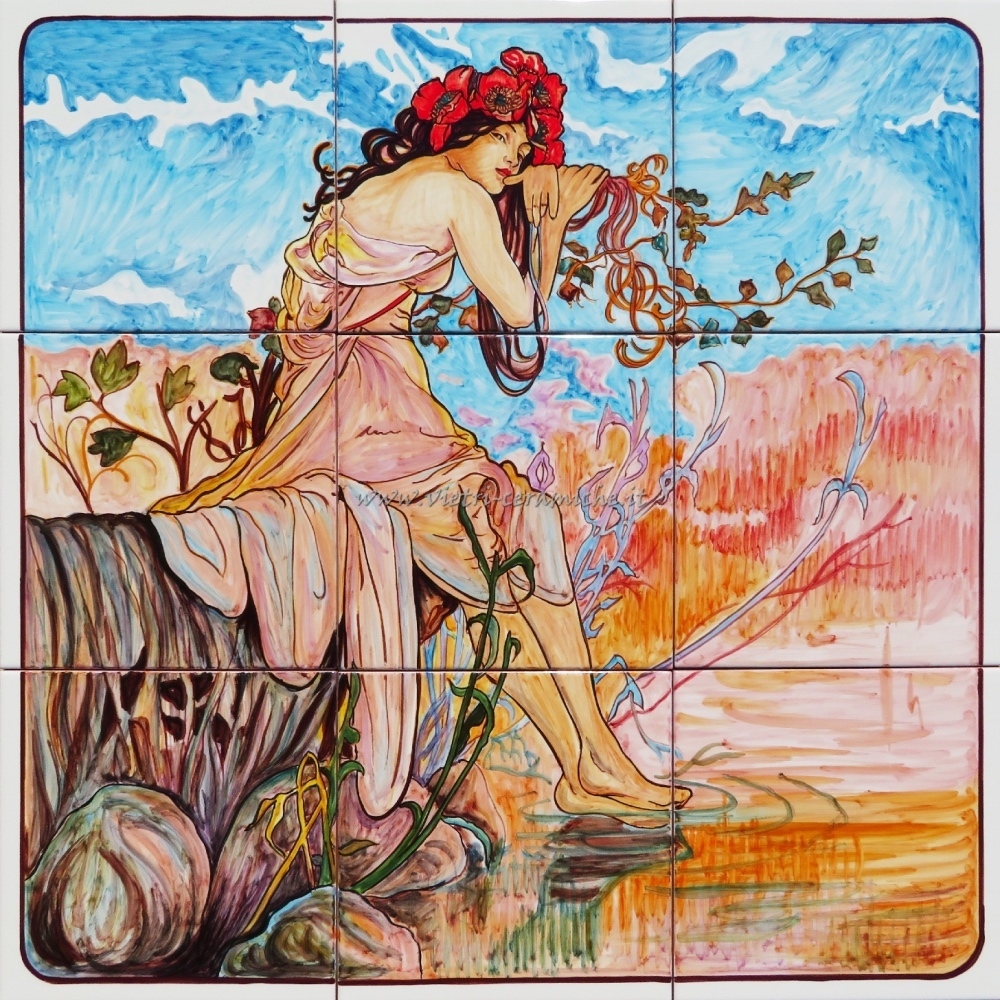Pannello Artistico Liberty Primavera in Ceramica 60x60 cm - Donna