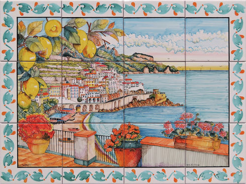 Pannello in Ceramica Veduta di Amalfi con cornice 80x60 cm