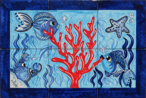 Pannello in Ceramica Rosso Corallo nel Mare Blu 60x40 cm
