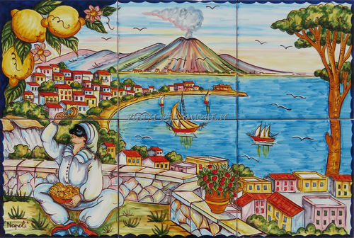 Pannello in Ceramica La Bella Napoli Vista del Golfo e del Vesuvio 60x40 cm