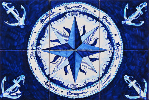 Pannello Orizzontale in Ceramica Rosa dei Venti Dark Blue 60x40 cm