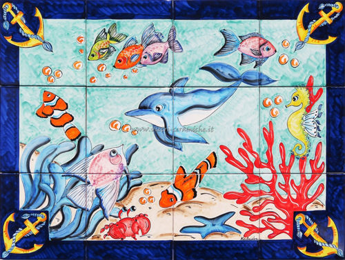 Pannello Murale Vietrese Il Delfino e gli Amici del Mare 80x60 cm