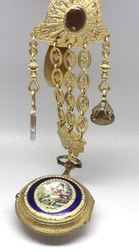 SOLD--Beautiful Verge Watch with Enamel and Painting, Accompanied by Chateleine.