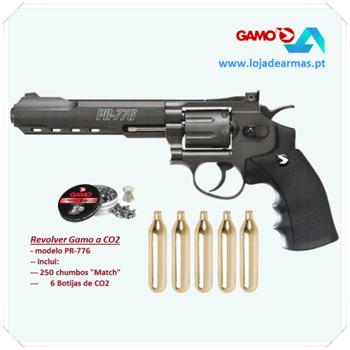 Revolver Gamo PR-776  com acção por botija de CO2 inclui 250 chumbos e 5 botijas de CO2