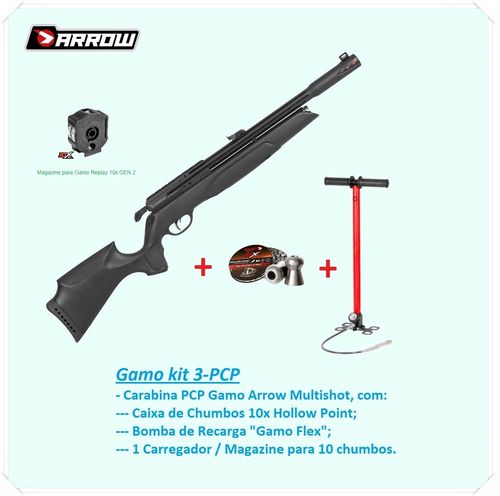 Gamo Arrow Carabina PCP 5,5mm MultiTiro 600005PIB c/ carregador 10 chumbos, bomba de carga e chumbos