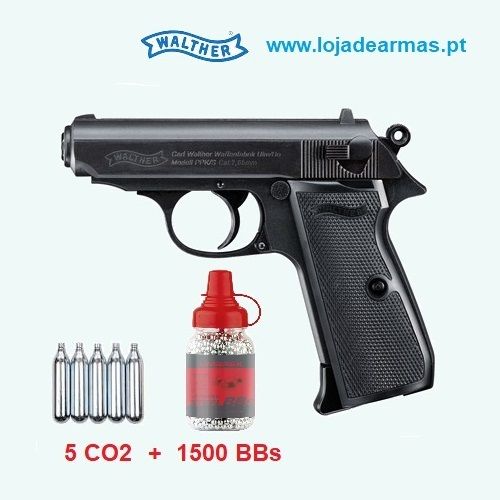 Walther PPK/s negra, pistola 4,5mm de CO2 com Blowback -15 BBs -60 tiros p/botija -ref 5.8315 pack1