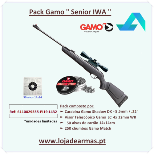 Gamo Shadow DX Combo L4x 32mmWR -cal-5,5mm +250 chumbos +50 alvos 14x14-encomende com antecedencia